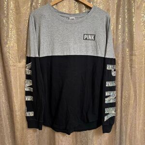 PINK Victorias Secret Gray Black Holographic Logo Bling Campus Long Sleeve Top